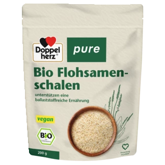 Abbildung der Produktverpackung Doppelherz pure Bio Flohsamenschalen Frontansicht